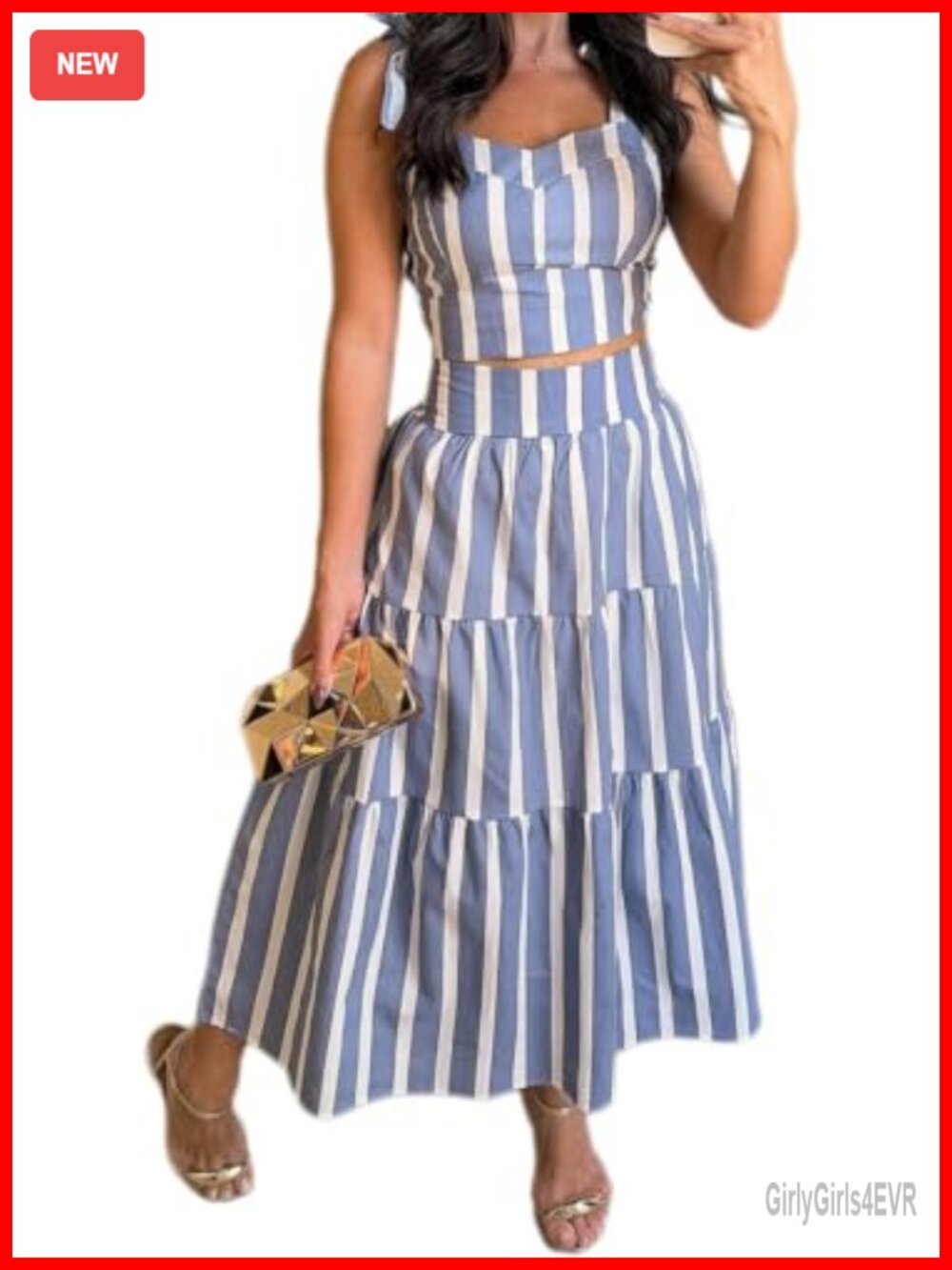 Women's Two Piece Skirt Set Halter Top High Waist A-Line Maxi Skirt Striped